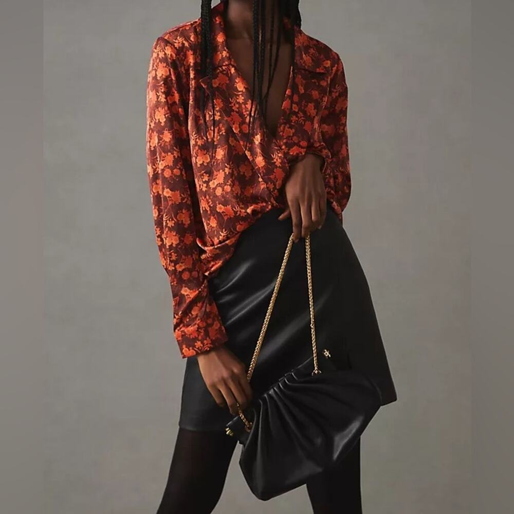 NEW Anthropologie Endless Rose Blouse Womens XL Red Orange Floral Ruffle Top